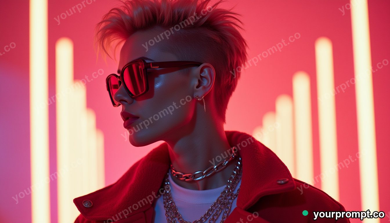 A stylish fashion model in avant-garde clothing, fictional in vaporwave synthwave style — AI-generated image from a text prompt