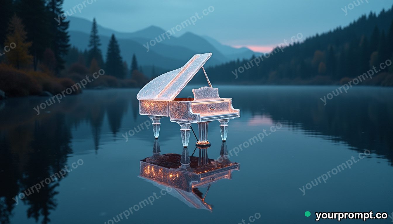 A glass piano sinking slowly into a calm mirror lake at dawn