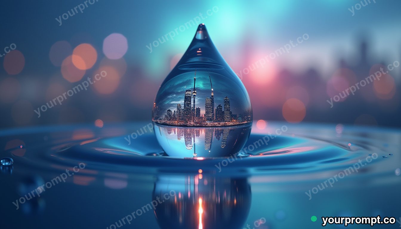 A city skyline reflected upside-down in a single floating water droplet