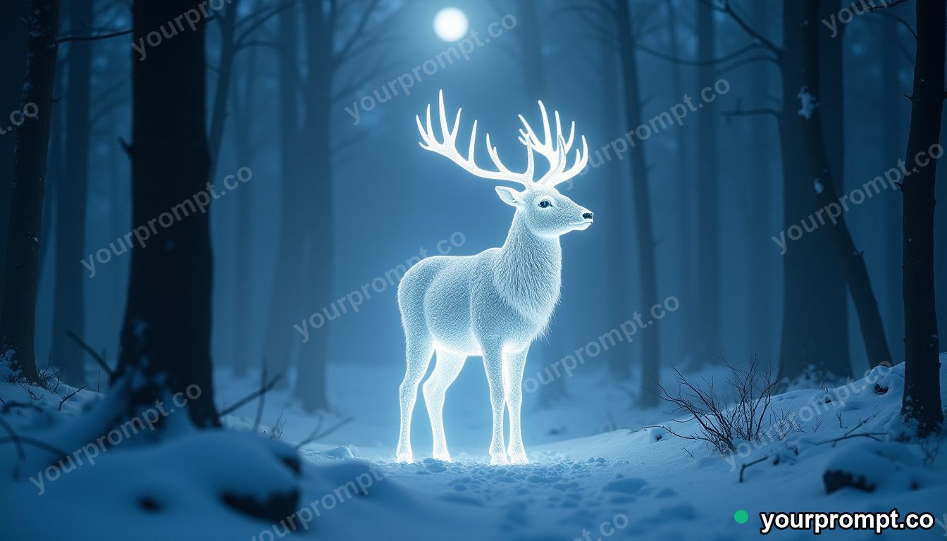 A glowing white stag standing in a moonlit snowy forest