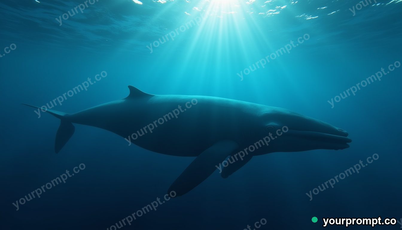 A serene blue whale drifting through a sunlit shallow sea