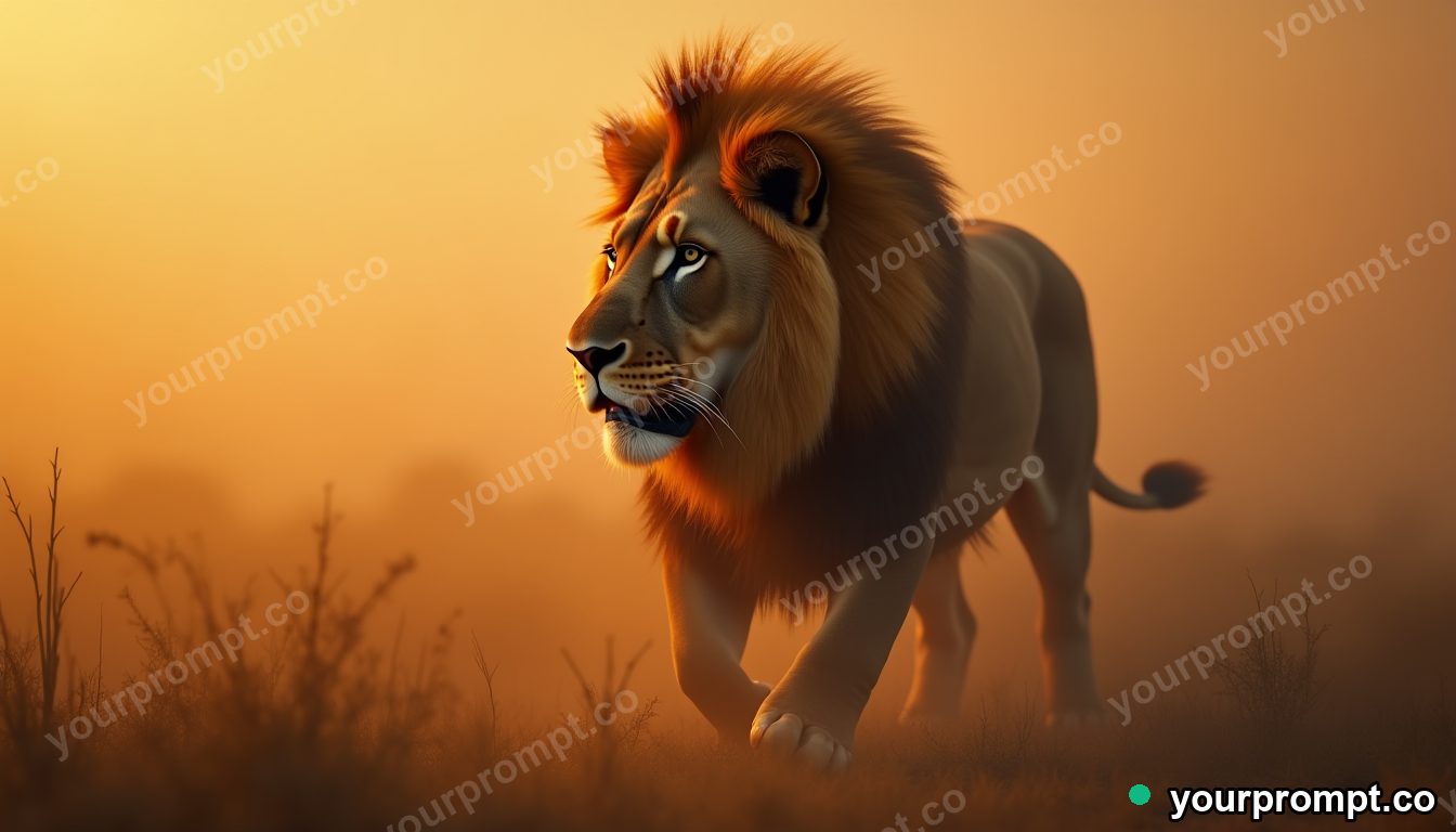 A majestic lion with a mane of soft golden light at dusk