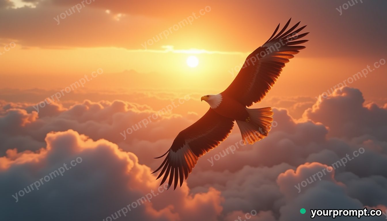 A great eagle soaring above a sea of clouds at sunrise