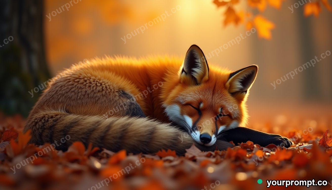 A sleeping fox wrapped in its tail under glowing autumn leaves