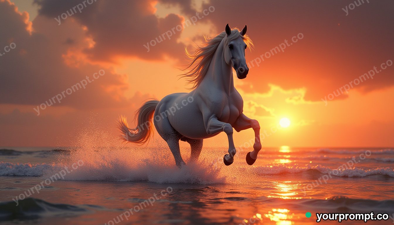 A regal horse galloping through shallow water at sunset