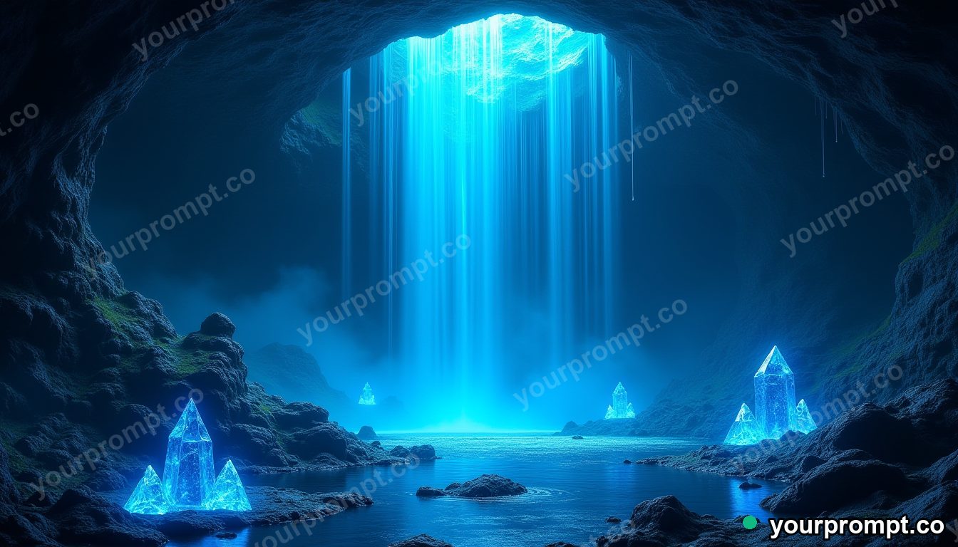 A hidden waterfall grotto lit by glowing blue crystals