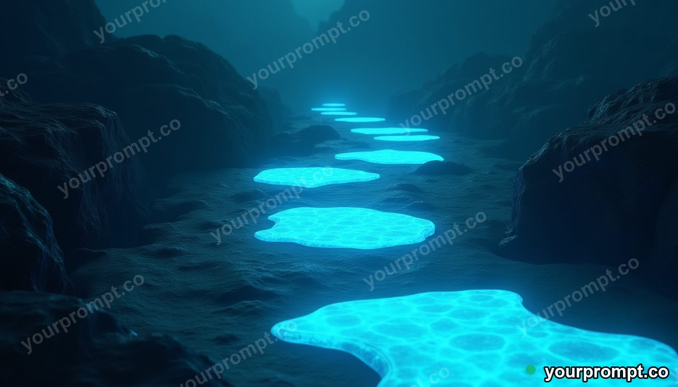 A path of floating glowing stepping stones over a dark abyss