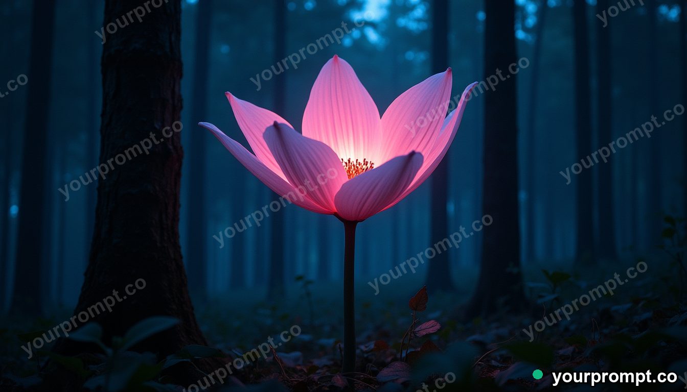 A giant glowing flower blooming in a midnight forest