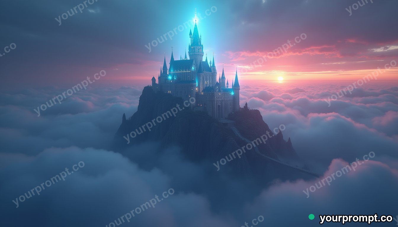 A castle of light floating among the clouds at dusk
