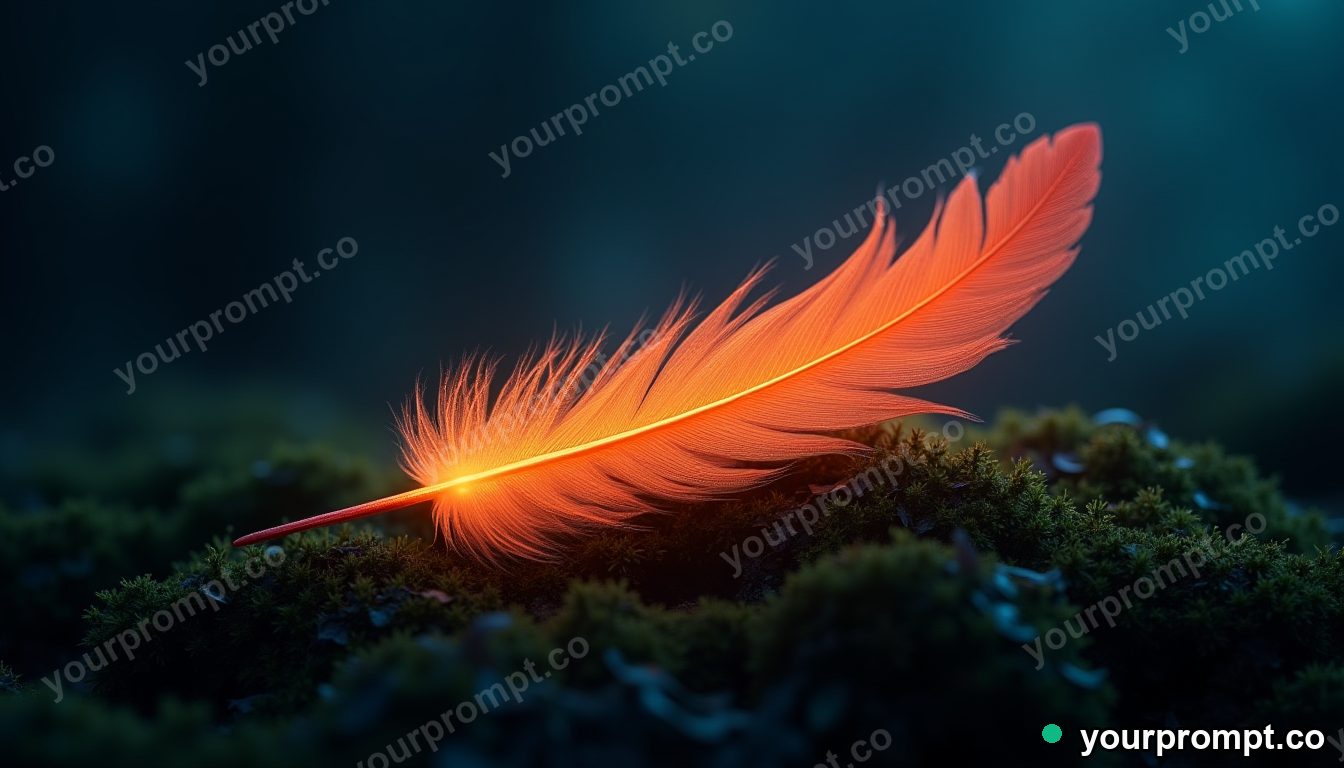 A glowing phoenix feather resting on dark moss