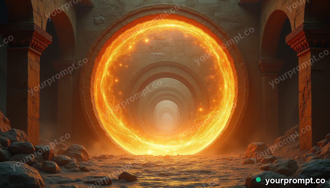 A swirling golden magic portal in ancient ruins