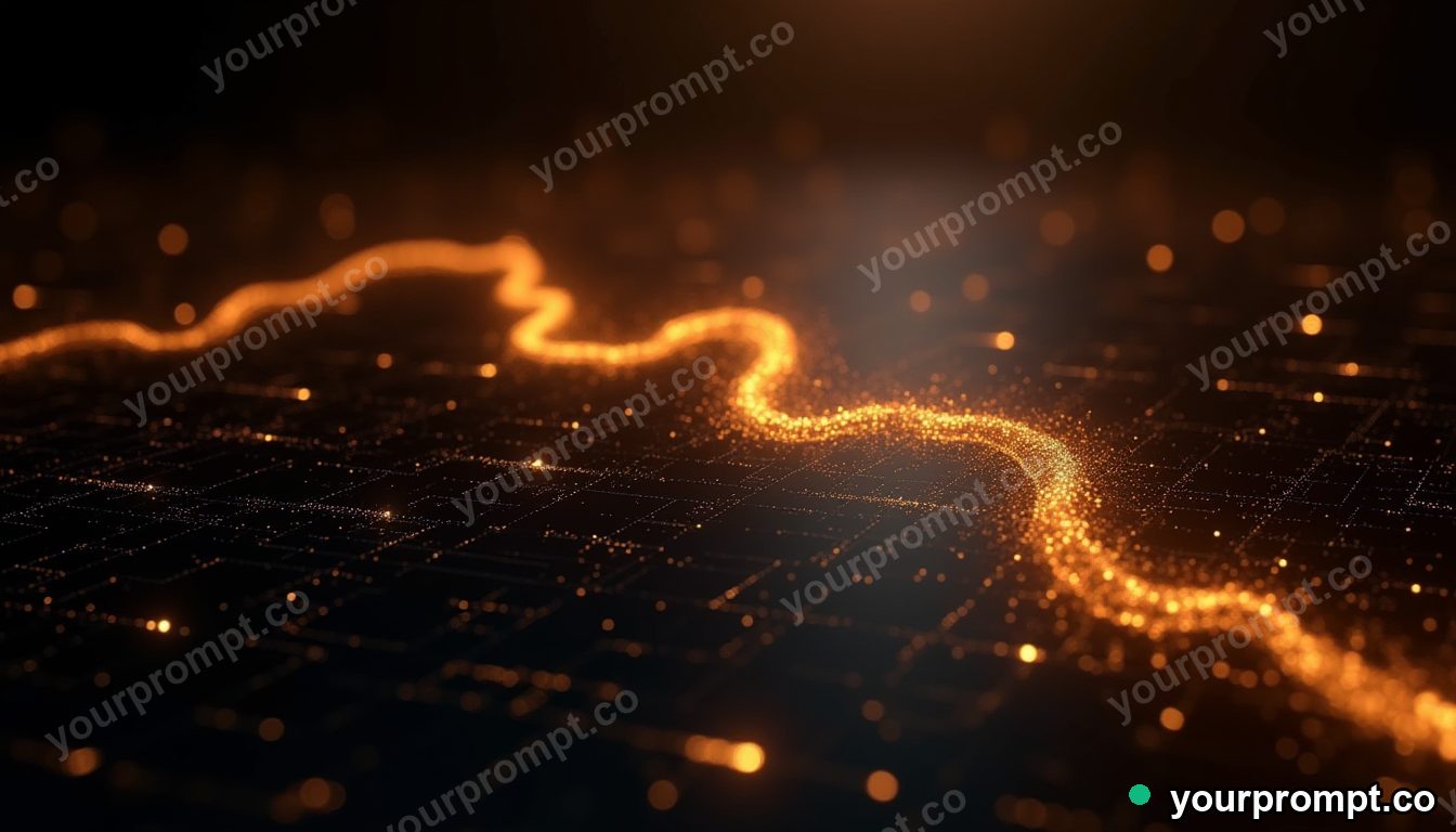 A flowing river of golden data over a dark grid