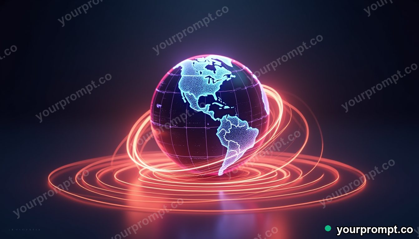 A glowing holographic globe wrapped in light trails