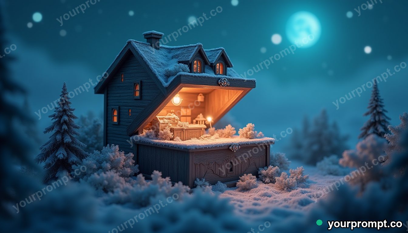 A house-sized music box opening over a sleeping town in dreamy pastel style — AI-generated image from a text prompt