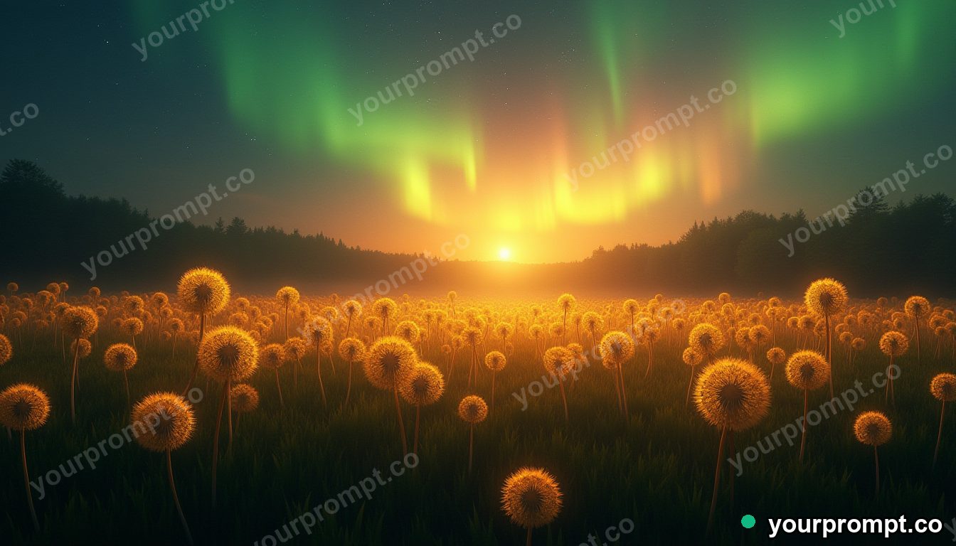 A forest of giant glowing dandelions under an aurora in matte concept painting style — AI-generated image from a text prompt