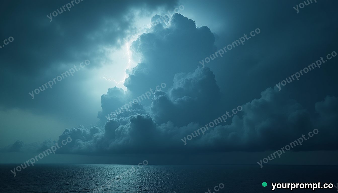 A colossal storm cloud lit from within by lightning over the sea