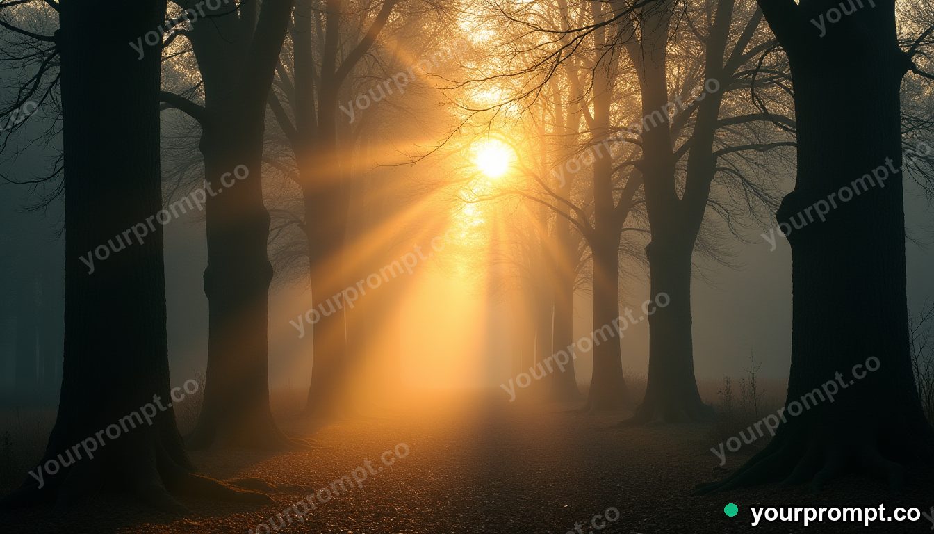 Sun rays breaking through a misty ancient forest canopy