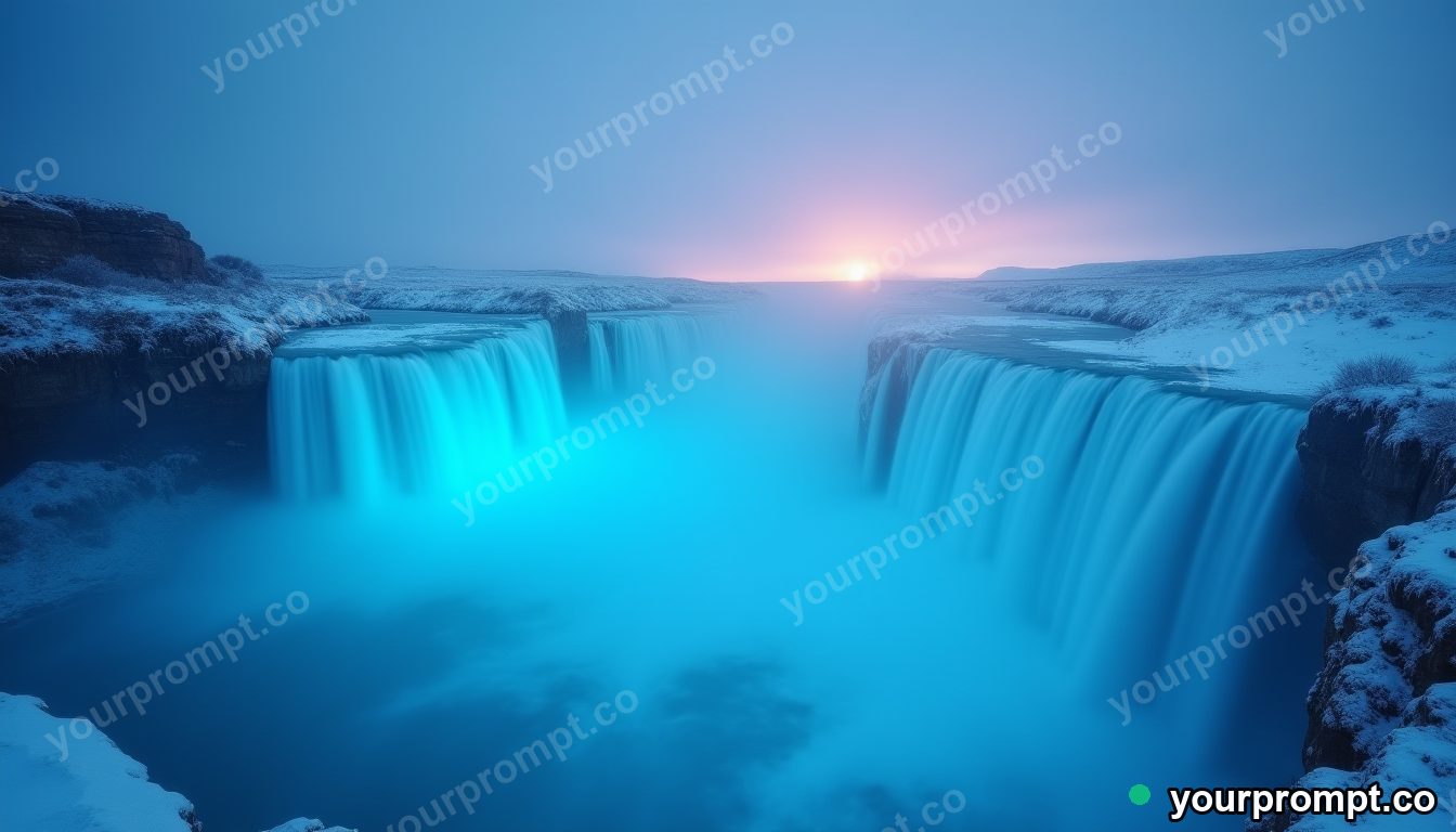 A frozen waterfall glowing blue at dawn
