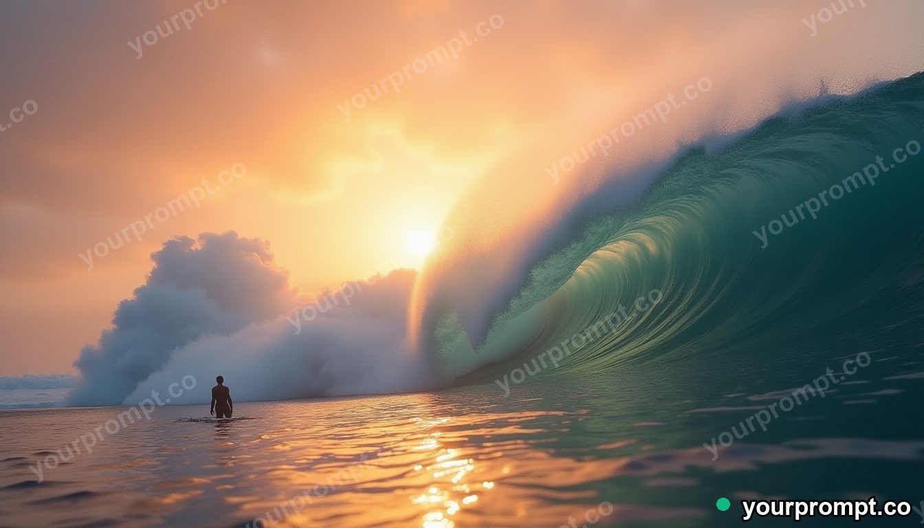 A lone surfer dwarfed by a giant glassy wave at sunset