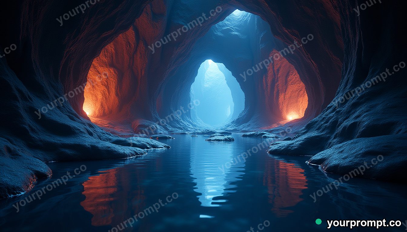 A cave of glowing geodes reflected in still water in epic fantasy concept art style — AI-generated image from a text prompt