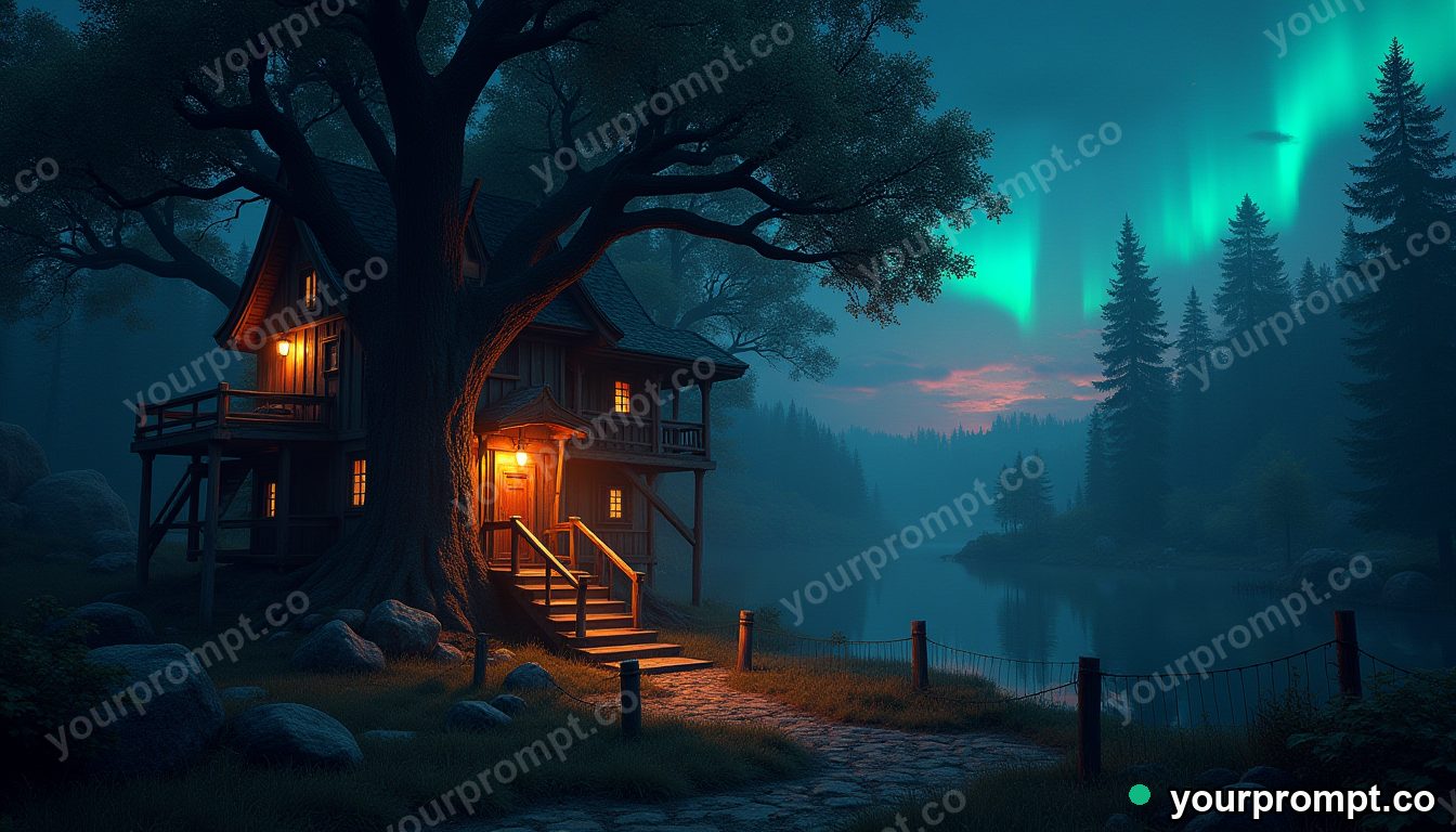 A treehouse village lit by lanterns at dusk in matte concept painting style — AI-generated image from a text prompt