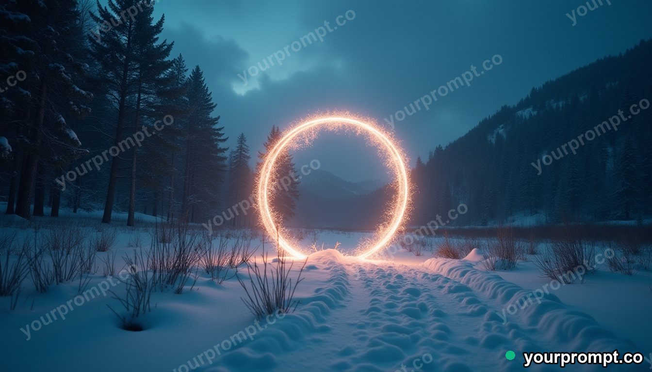 A glowing rune circle in a snowy clearing in cinematic film still style — AI-generated image from a text prompt