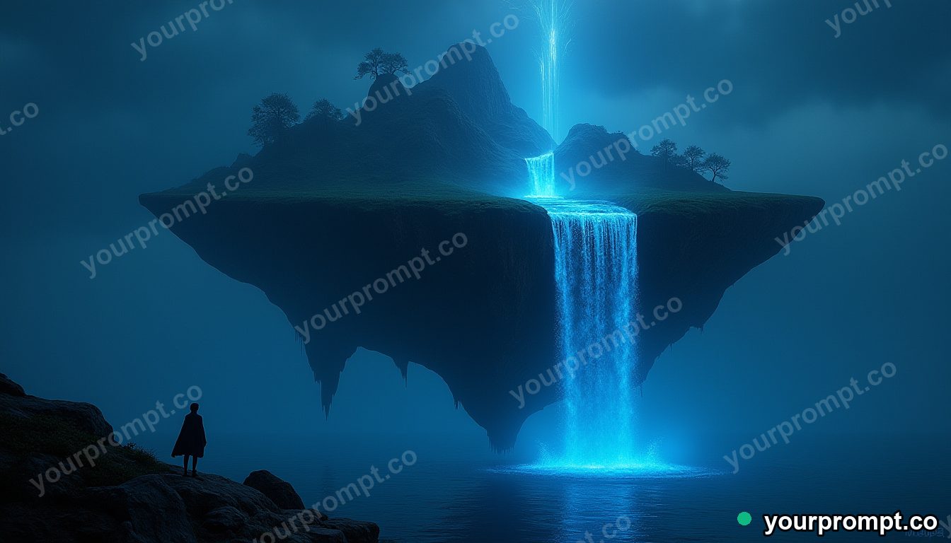 A floating island with a waterfall glowing at night in epic fantasy concept art style — AI-generated image from a text prompt
