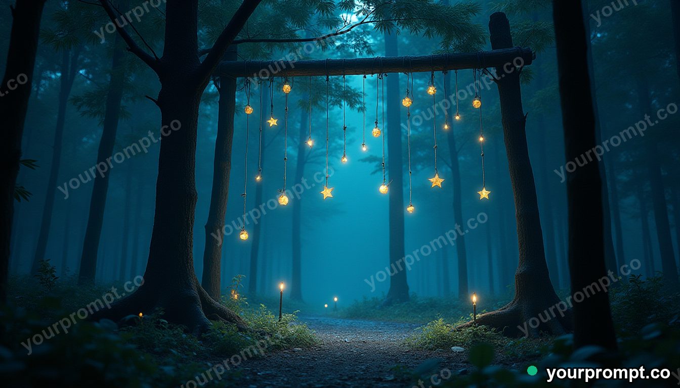 A forest shrine hung with glowing paper charms in matte concept painting style — AI-generated image from a text prompt