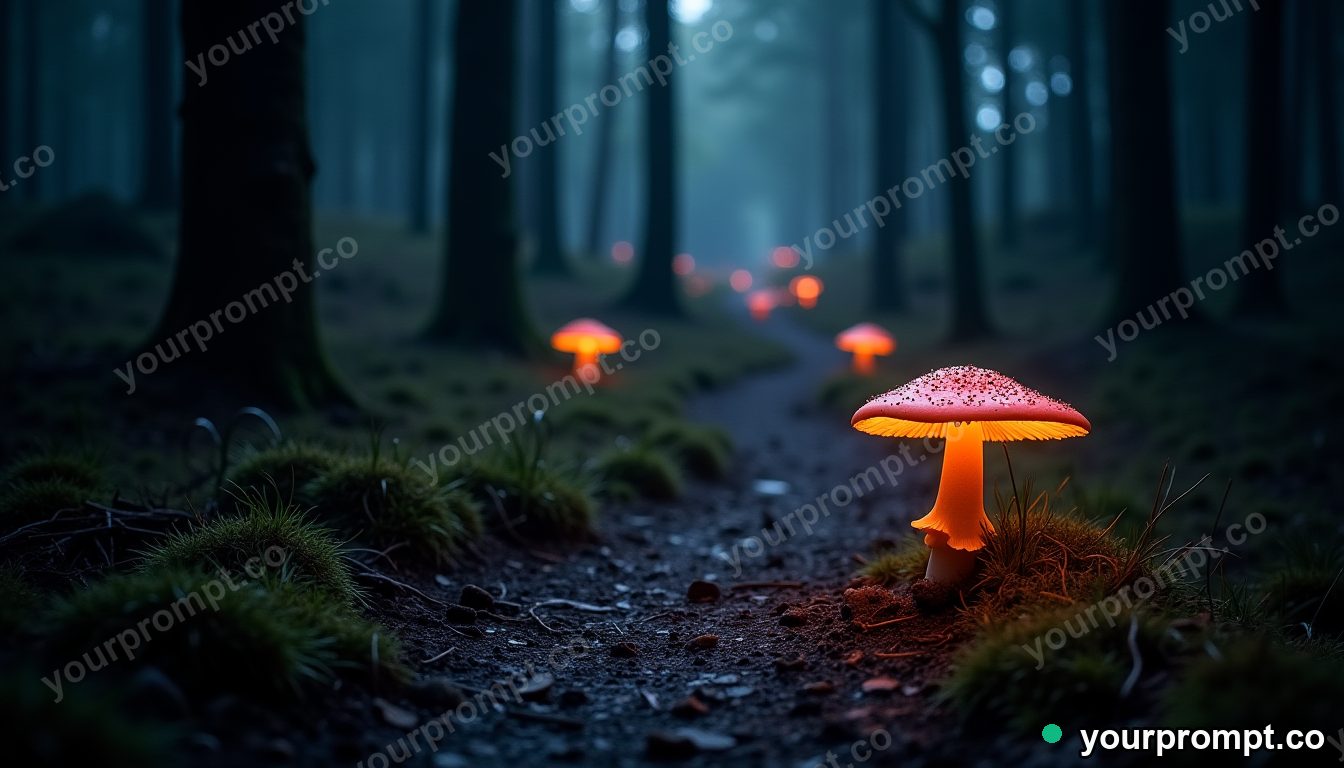 A glowing mushroom path winding through dark woods in cinematic film still style — AI-generated image from a text prompt