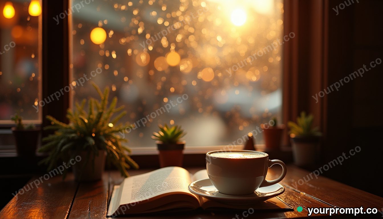 A rainy cafe window with a warm latte and an open book in golden-hour photography style — AI-generated image from a text prompt