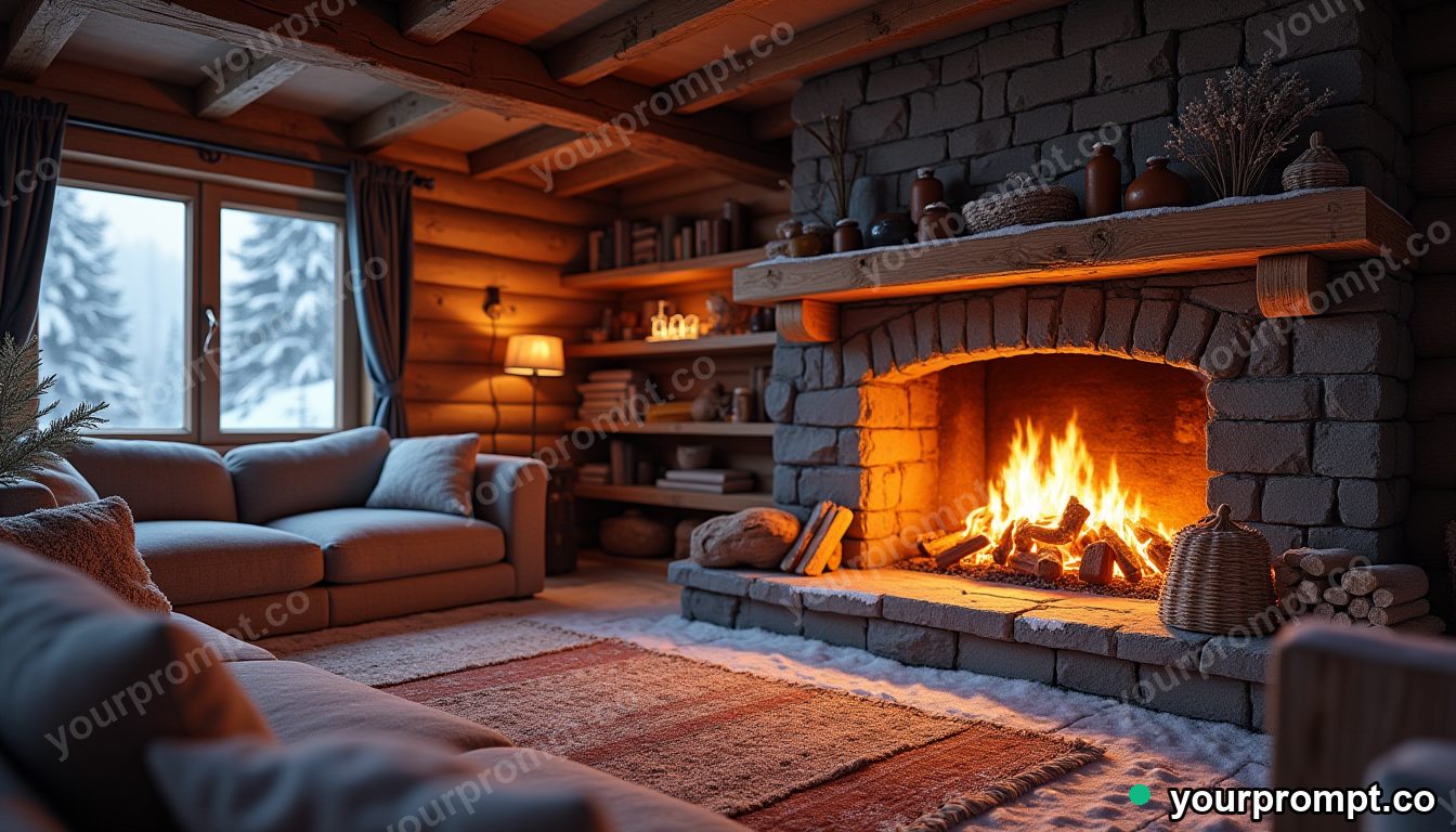 A snowy chalet interior with a roaring fireplace in photorealistic style — AI-generated image from a text prompt