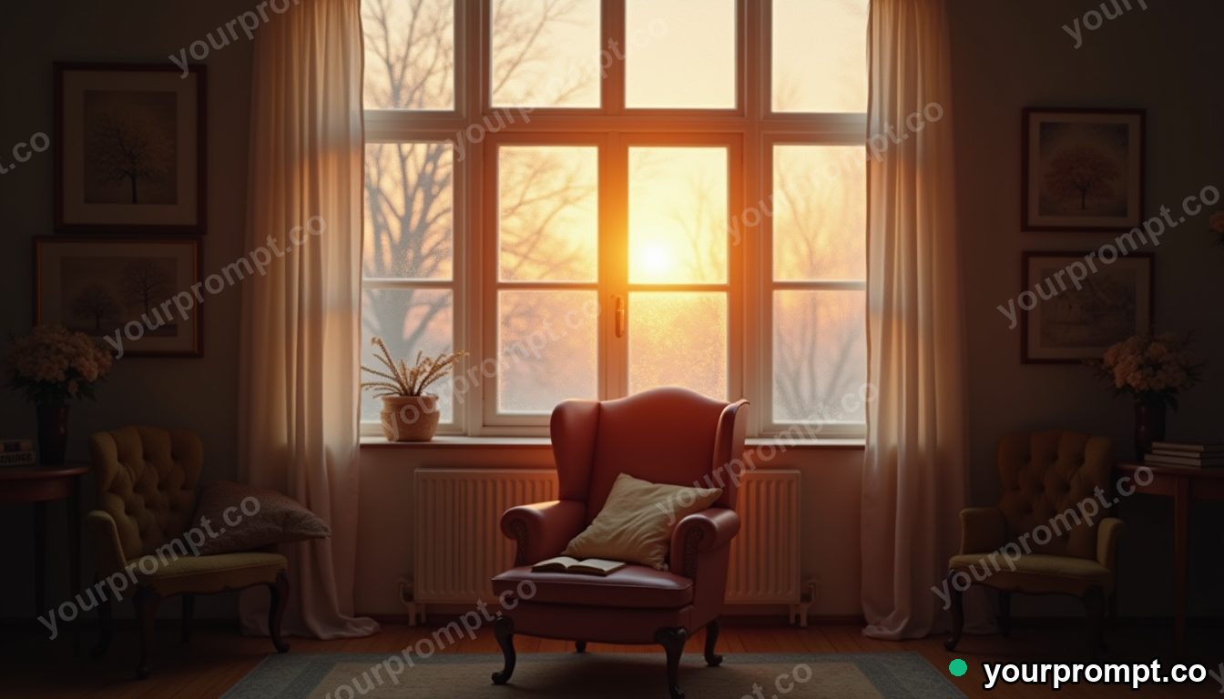 A reading chair by a frosty window at golden hour in cinematic film still style — AI-generated image from a text prompt