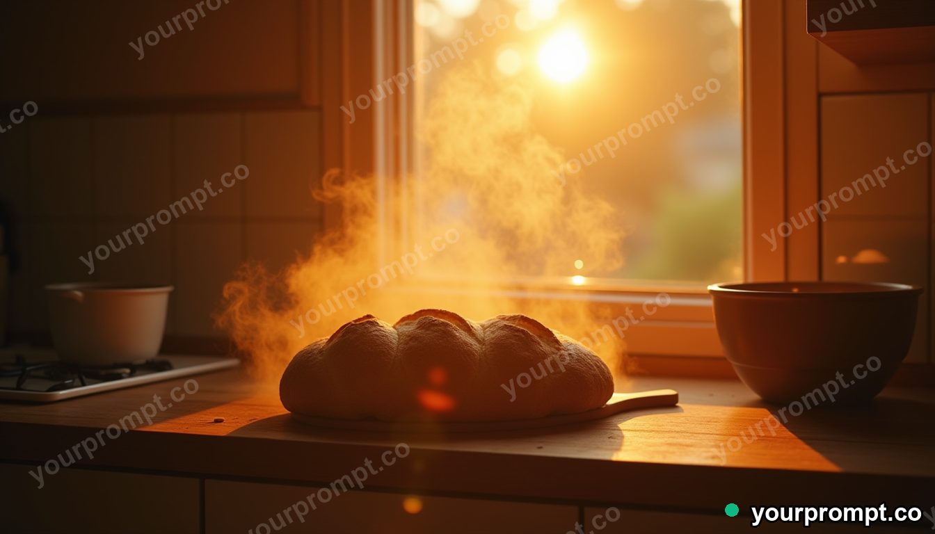 A kitchen with steam rising from fresh bread at dawn in golden-hour photography style — AI-generated image from a text prompt