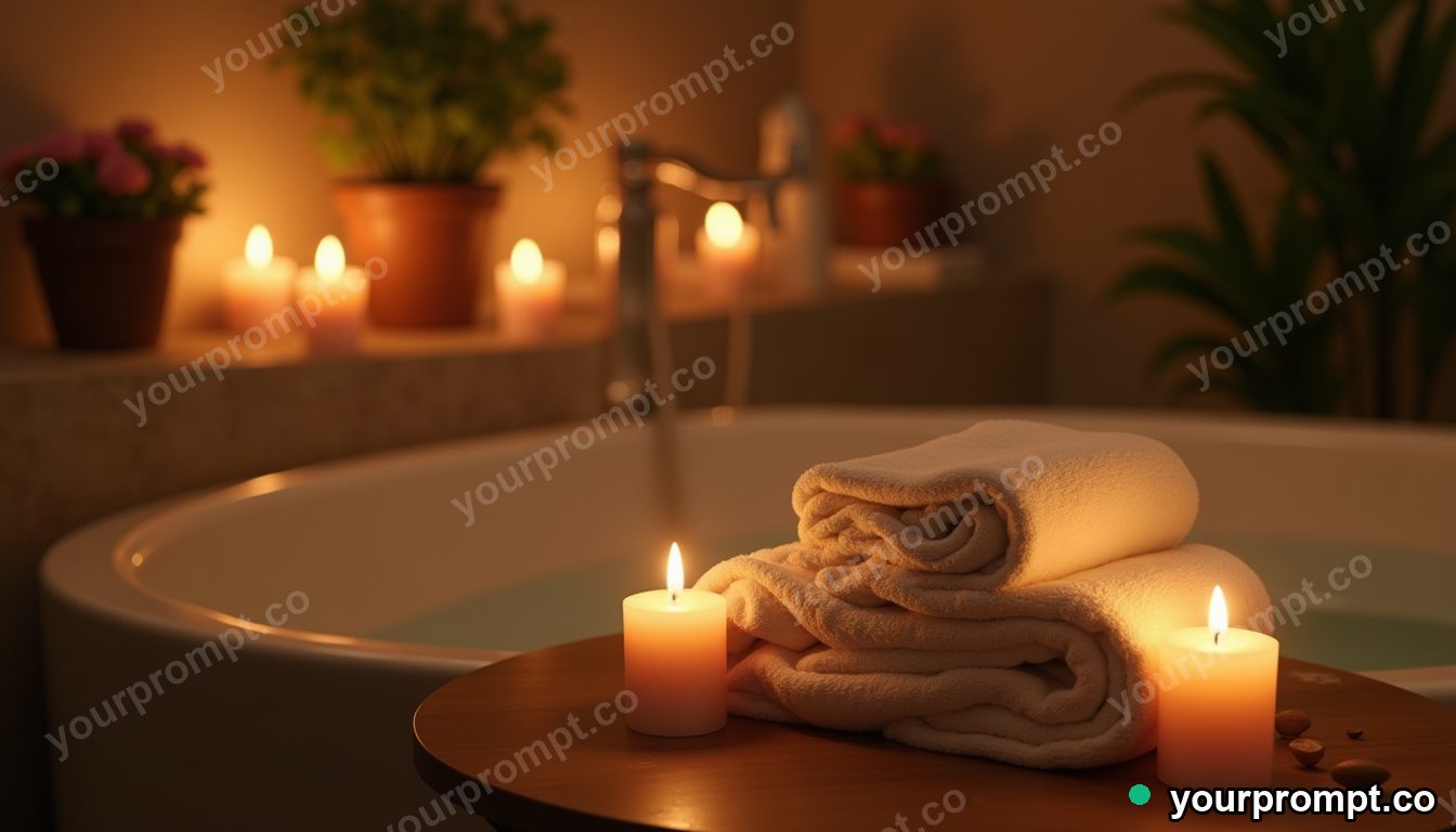 A candlelit bathroom with soft towels and plants in photorealistic style — AI-generated image from a text prompt