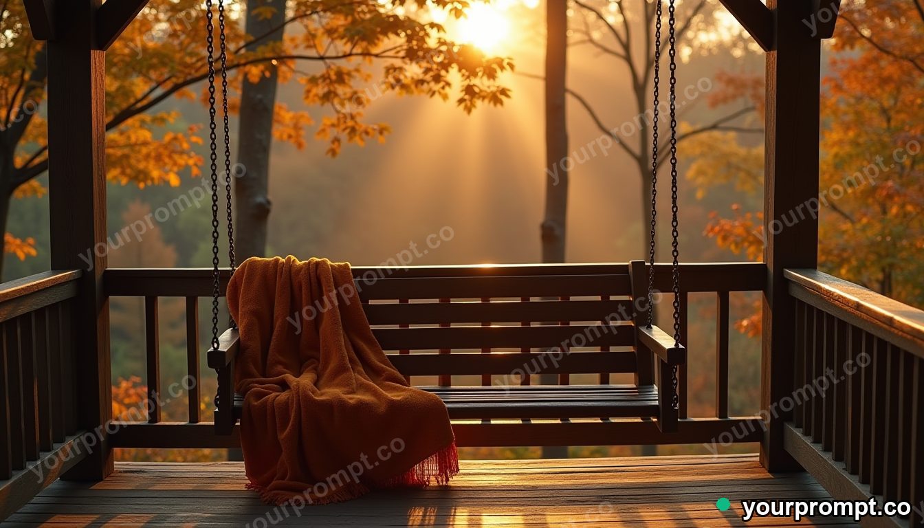 A porch swing with blankets overlooking autumn woods in cinematic film still style — AI-generated image from a text prompt