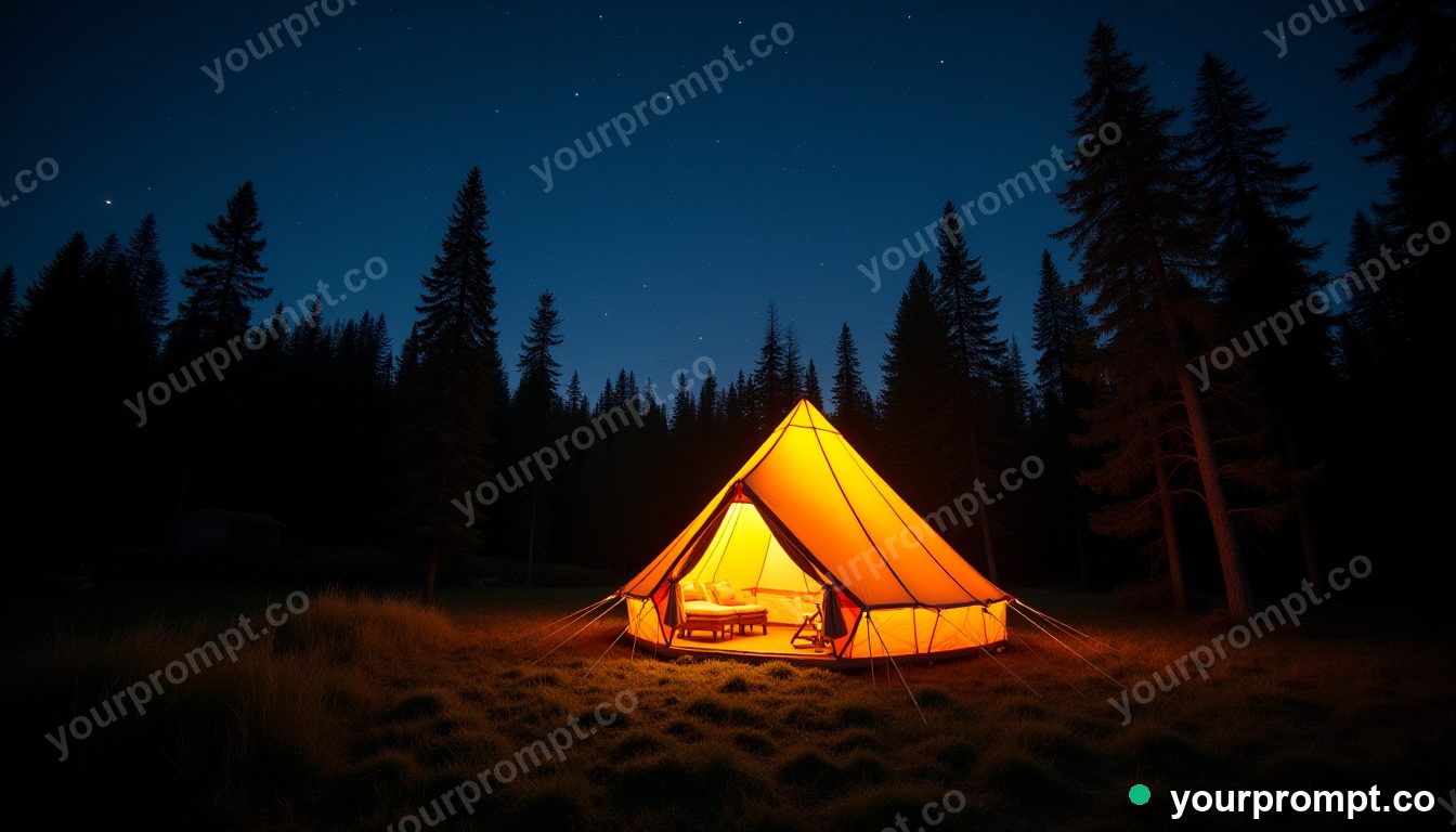 A glowing tent under a starry forest night in golden-hour photography style — AI-generated image from a text prompt