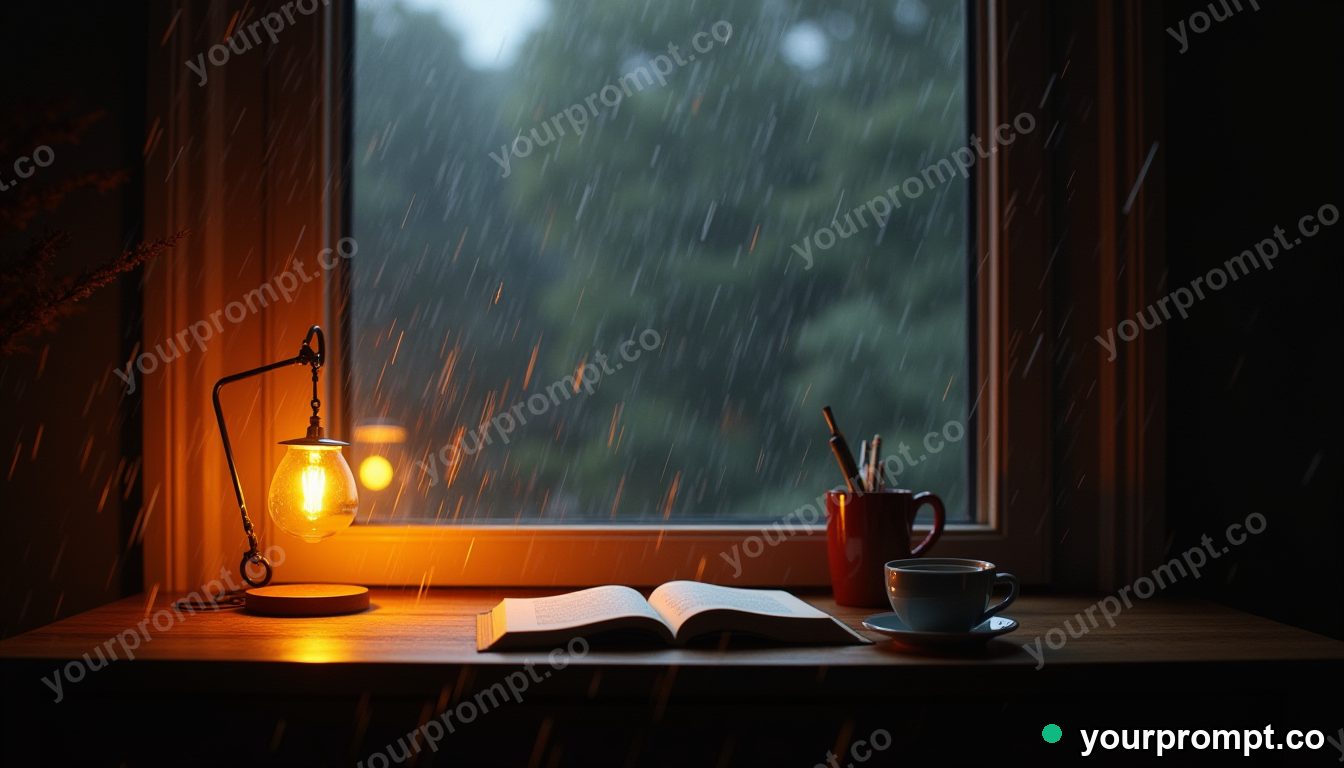 A desk nook with a warm lamp, coffee, and rain outside in photorealistic style — AI-generated image from a text prompt
