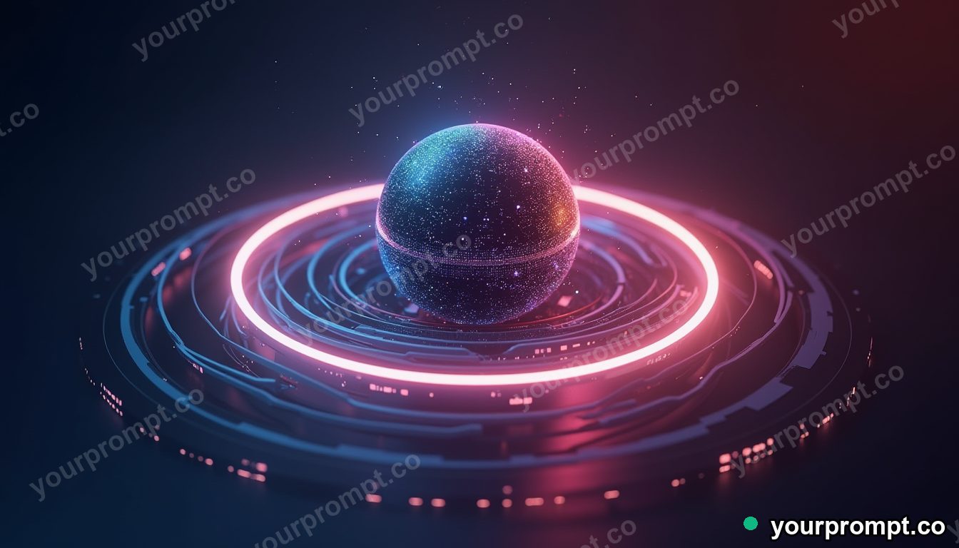 A glowing data sphere wrapped in orbiting light rings in hyperrealistic 3D render style — AI-generated image from a text prompt