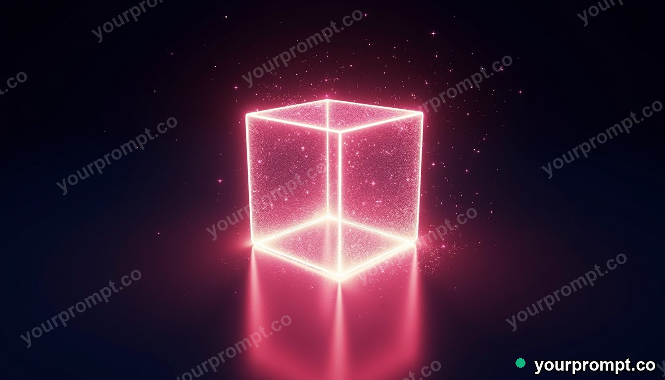 A luminous cube dissolving into particles of light in polished advertising render style — AI-generated image from a text prompt