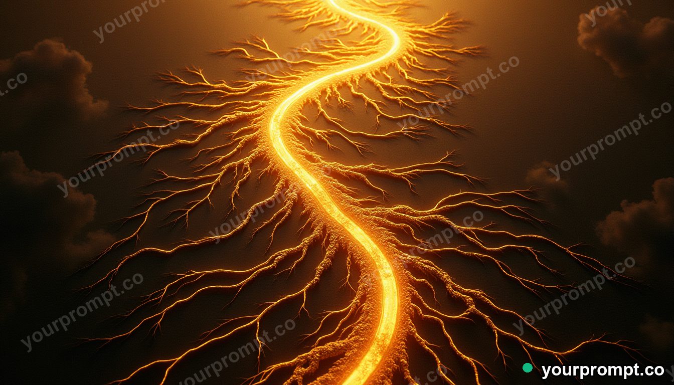 A golden circuit pattern branching like roots in matte concept painting style — AI-generated image from a text prompt
