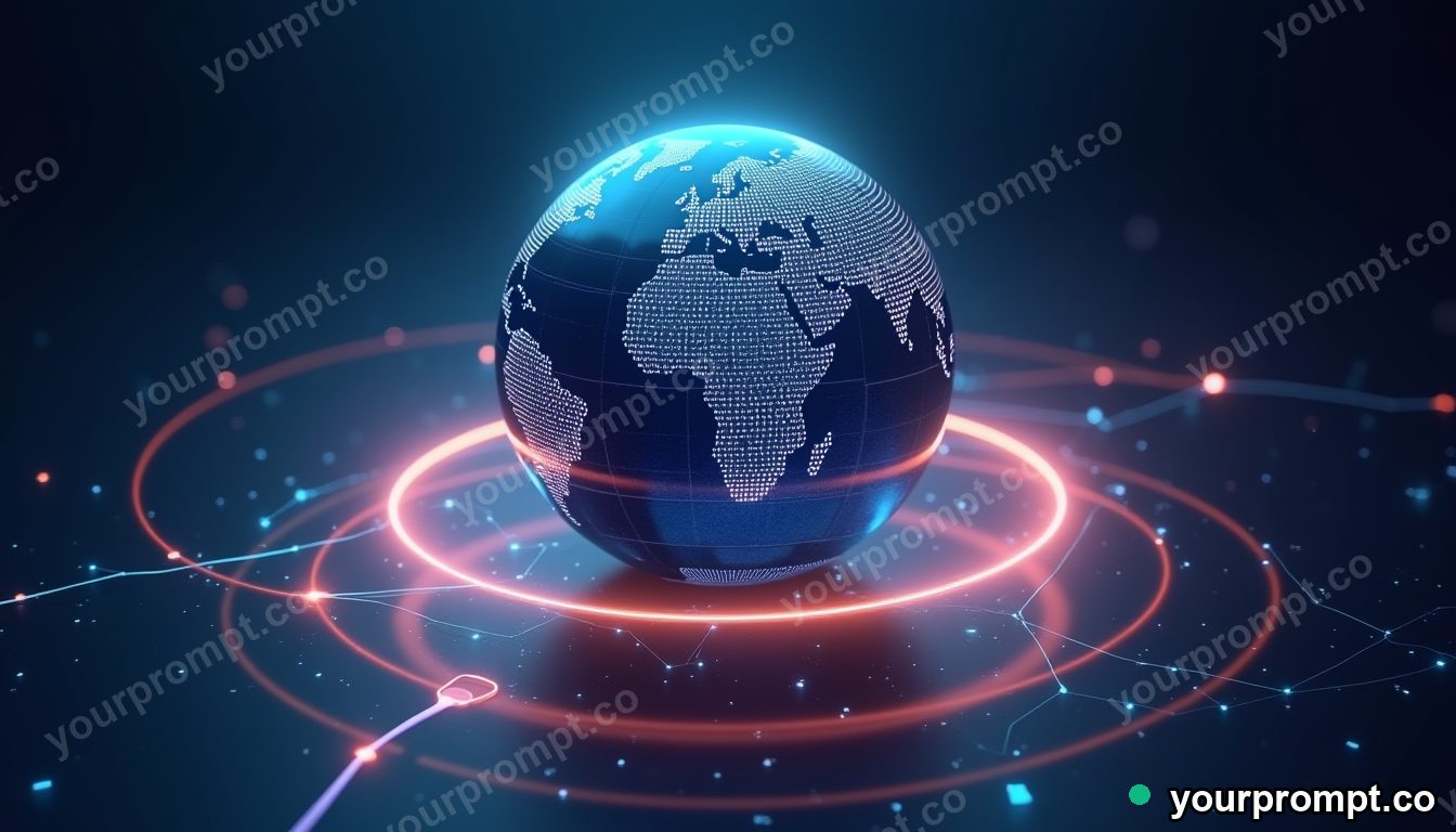 A holographic globe wrapped in glowing connection arcs in polished advertising render style — AI-generated image from a text prompt