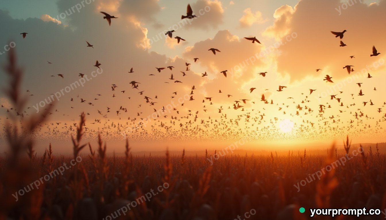 A wave of starlings swirling over an autumn field at dusk in cinematic film still style — AI-generated image from a text prompt