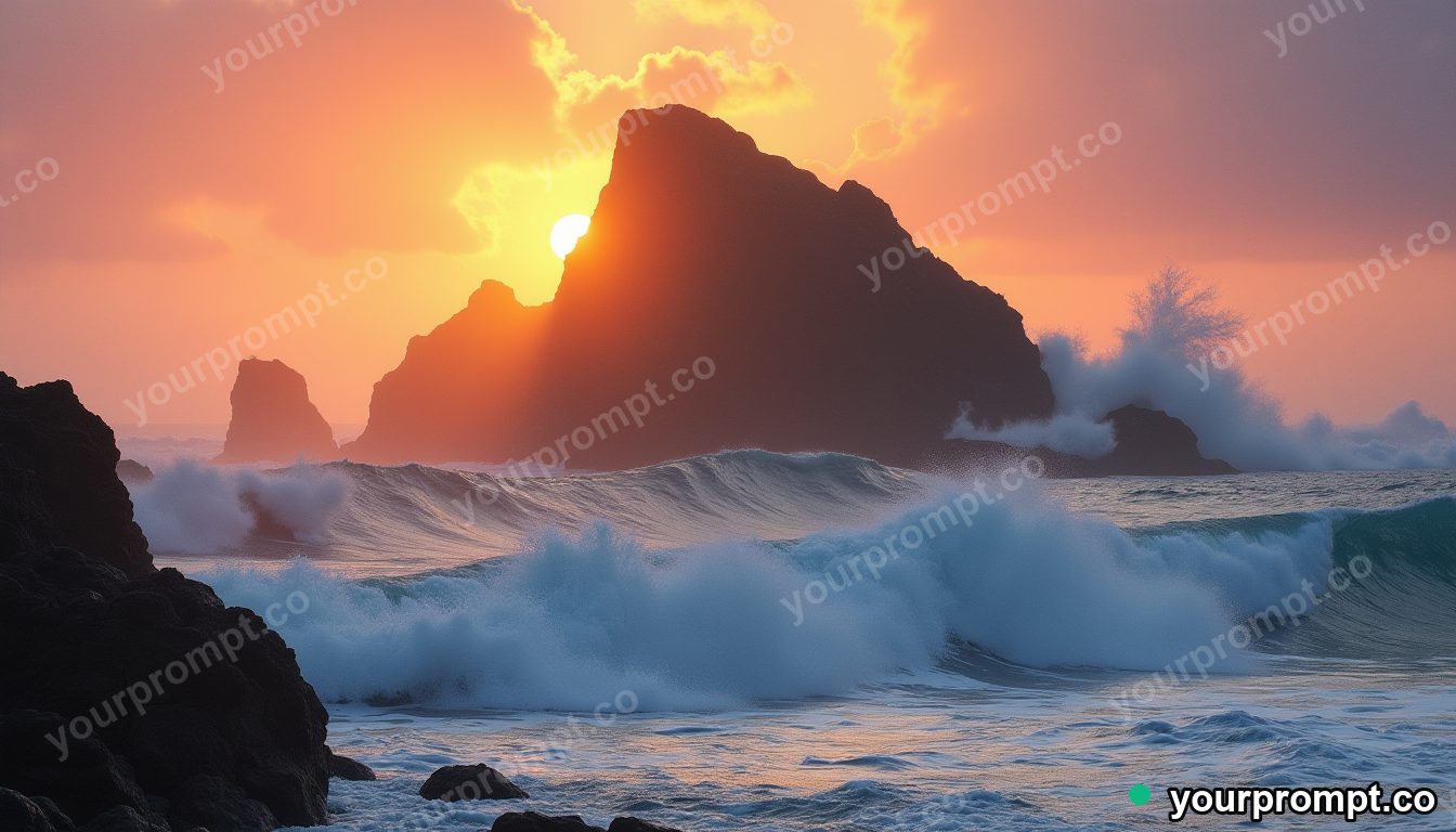 A basalt sea stack battered by foaming waves at sunset in golden-hour photography style — AI-generated image from a text prompt