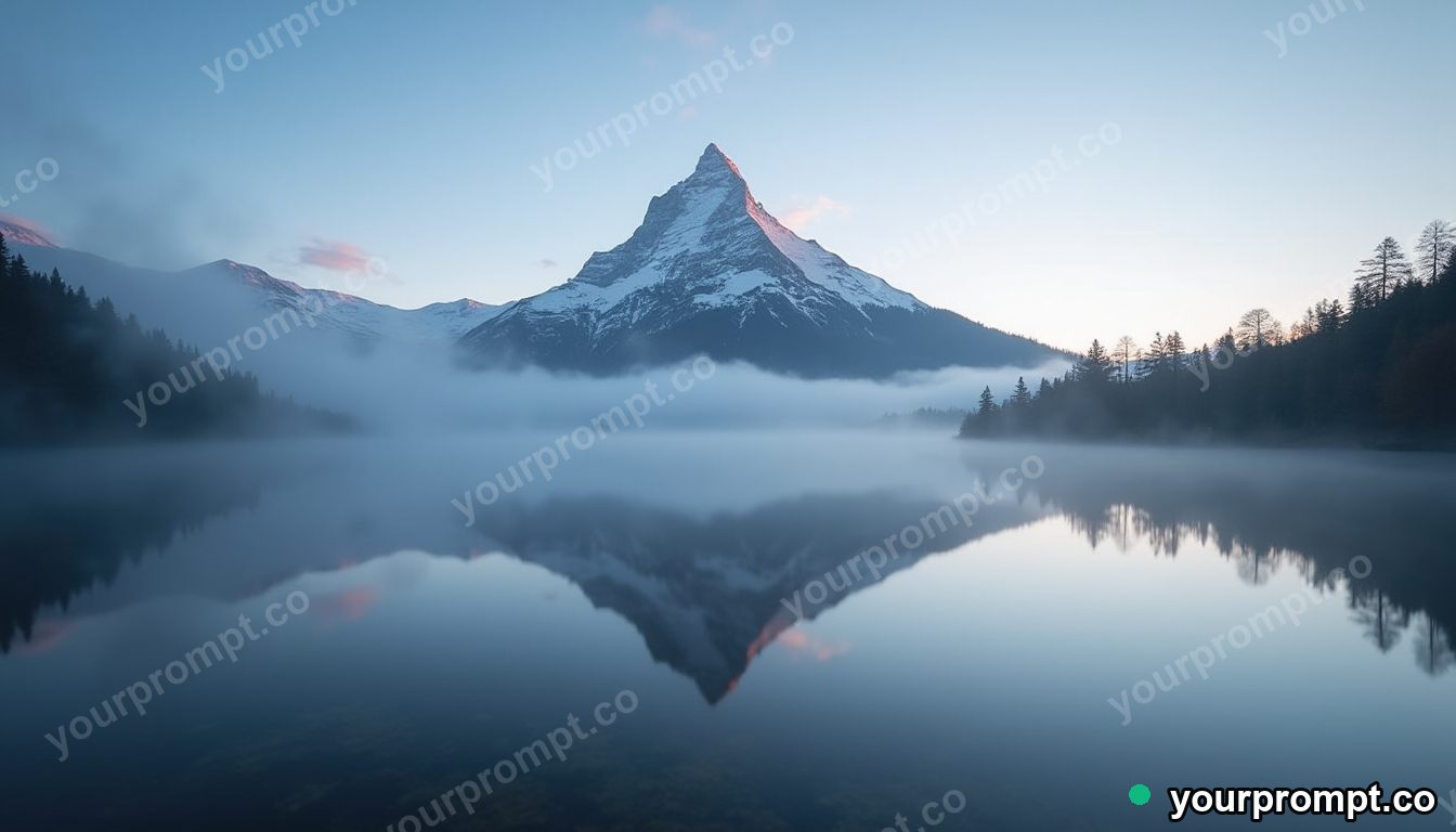 A mountain reflected in a still alpine tarn at first light in ethereal long-exposure style — AI-generated image from a text prompt