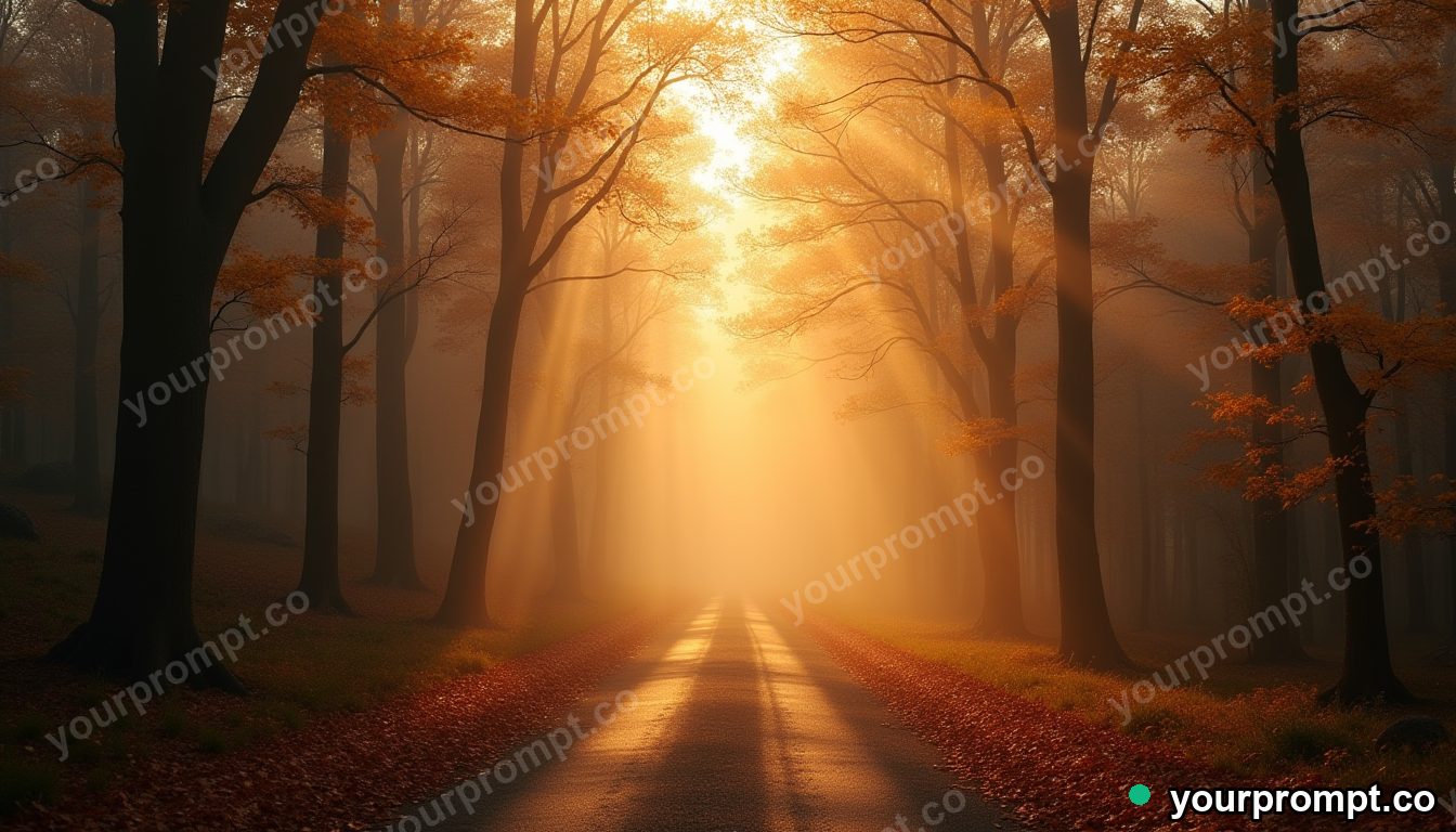 A forest road vanishing into golden autumn fog in cinematic film still style — AI-generated image from a text prompt