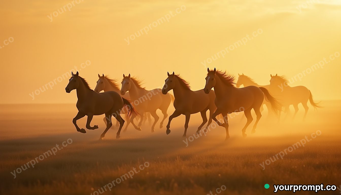 A herd of wild horses galloping across a misty plain in golden-hour photography style — AI-generated image from a text prompt