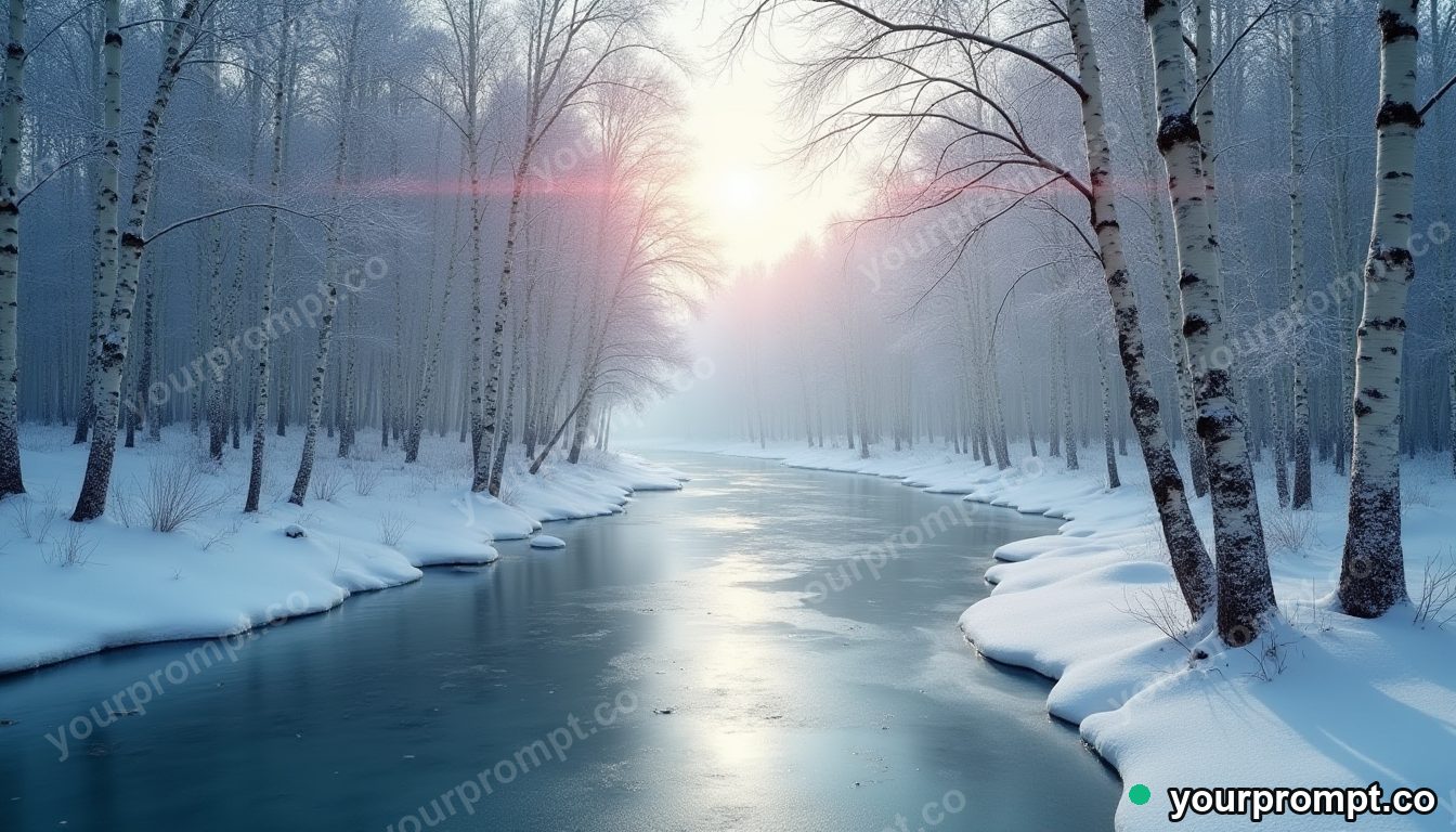A frozen river winding through a snowy birch forest in cinematic film still style — AI-generated image from a text prompt
