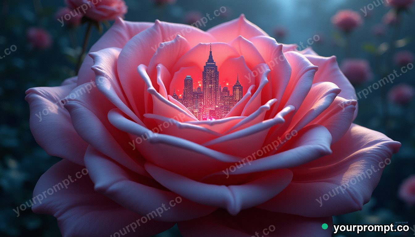 A city built inside a giant blooming rose in matte concept painting style — AI-generated image from a text prompt