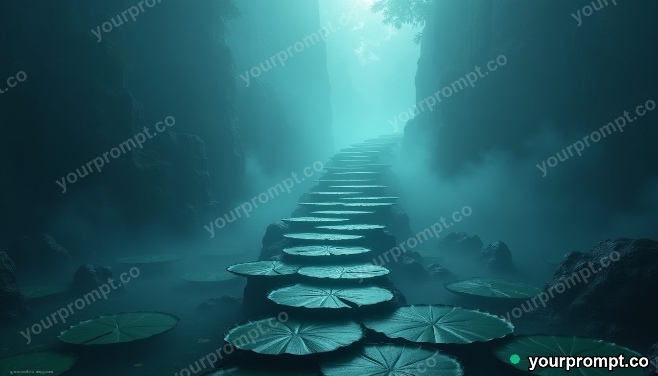 A staircase of floating lily pads rising into mist in epic fantasy concept art style — AI-generated image from a text prompt