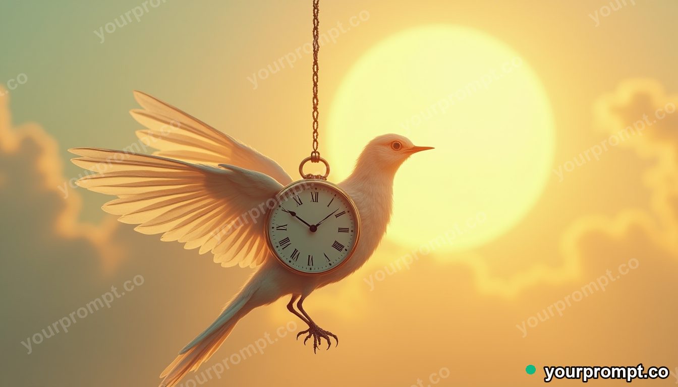 A clockwork bird carrying the sun on a string in dreamy pastel style — AI-generated image from a text prompt